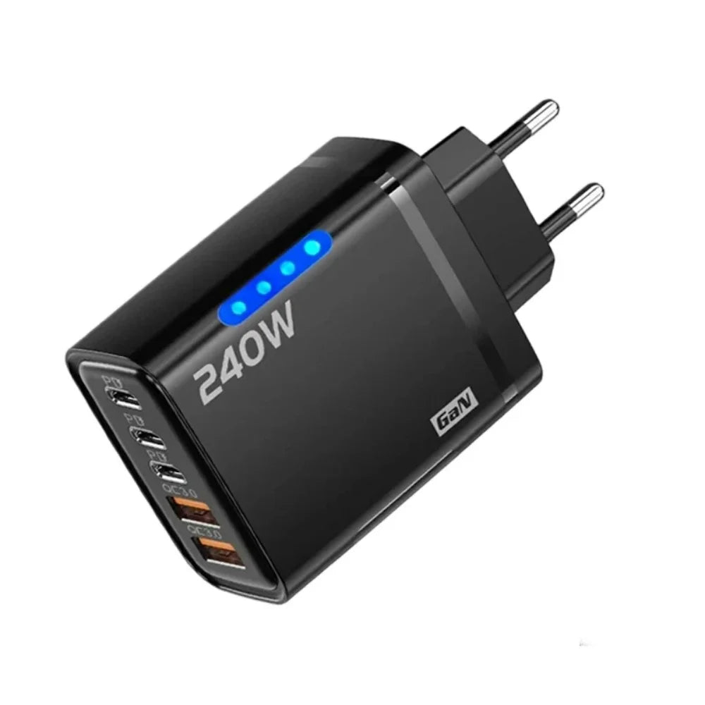 Chargeur secteur 5 en 1 USB-C GaN 240 W à charge rapide, compatible iPhone, Samsung et Xiaomi. Prise UE/US.