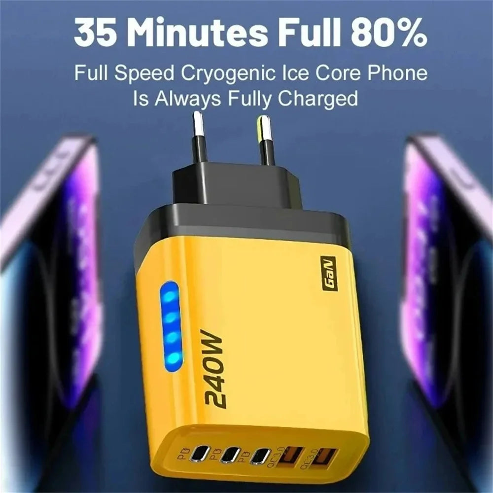 Chargeur secteur 5 en 1 USB-C GaN 240 W à charge rapide, compatible iPhone, Samsung et Xiaomi. Prise UE/US.