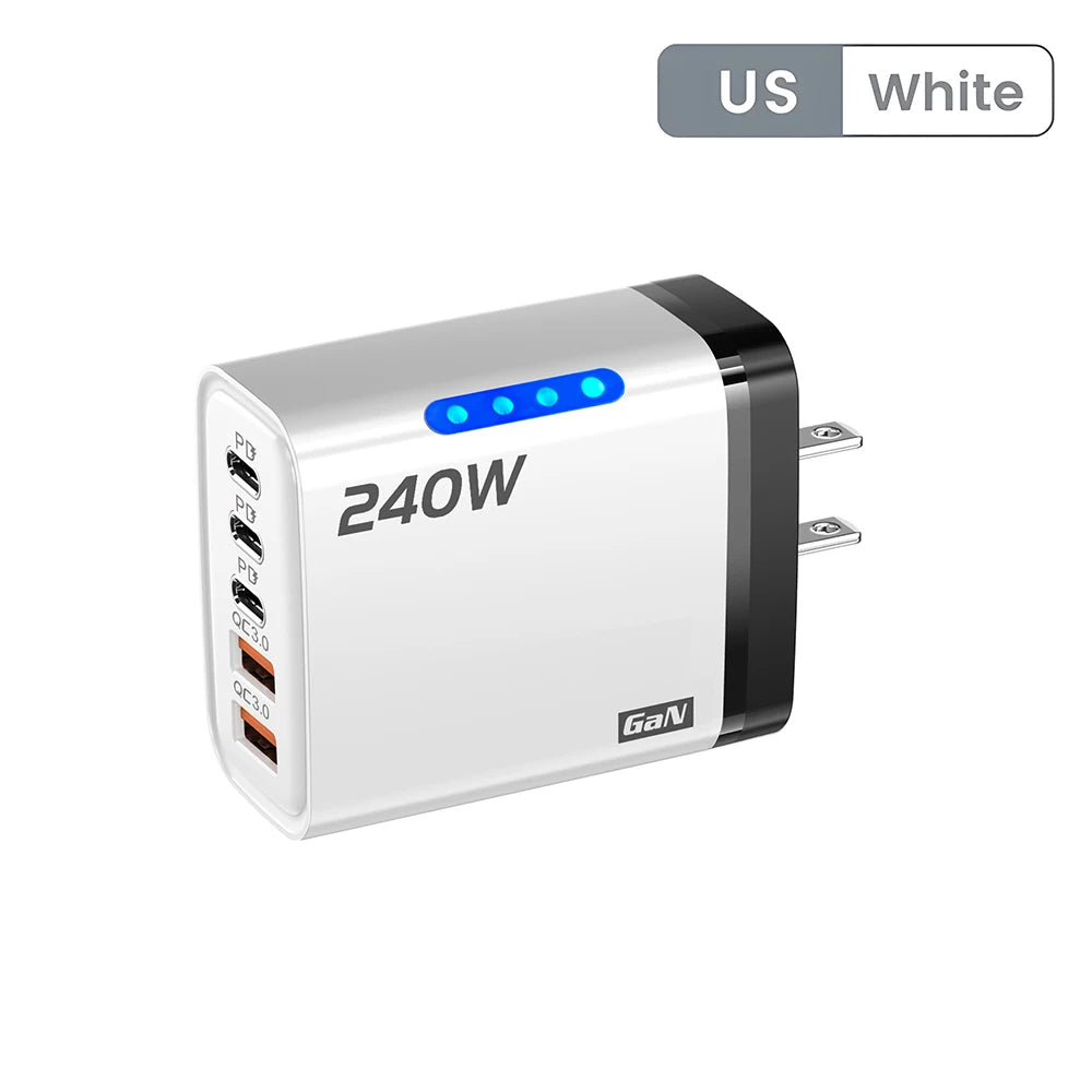 Chargeur secteur 5 en 1 USB-C GaN 240 W à charge rapide, compatible iPhone, Samsung et Xiaomi. Prise UE/US.