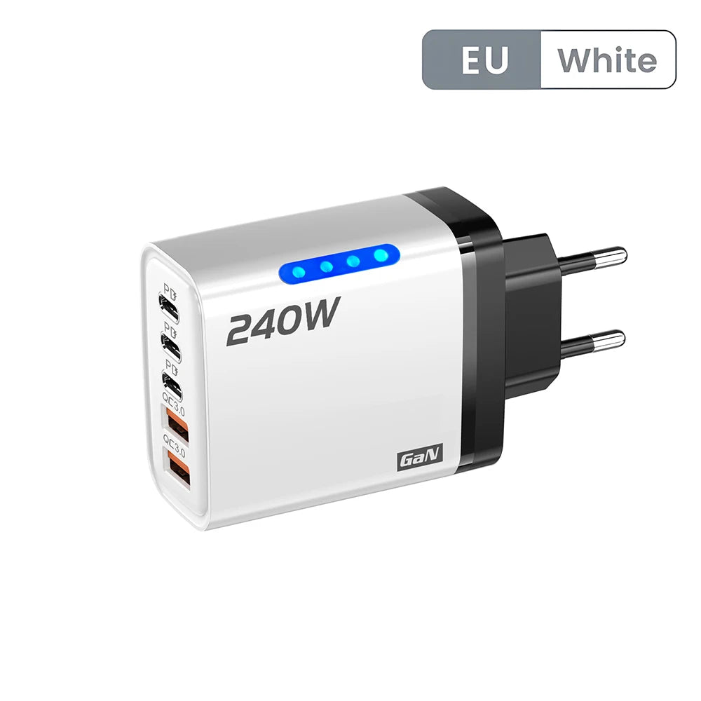 Chargeur secteur 5 en 1 USB-C GaN 240 W à charge rapide, compatible iPhone, Samsung et Xiaomi. Prise UE/US.
