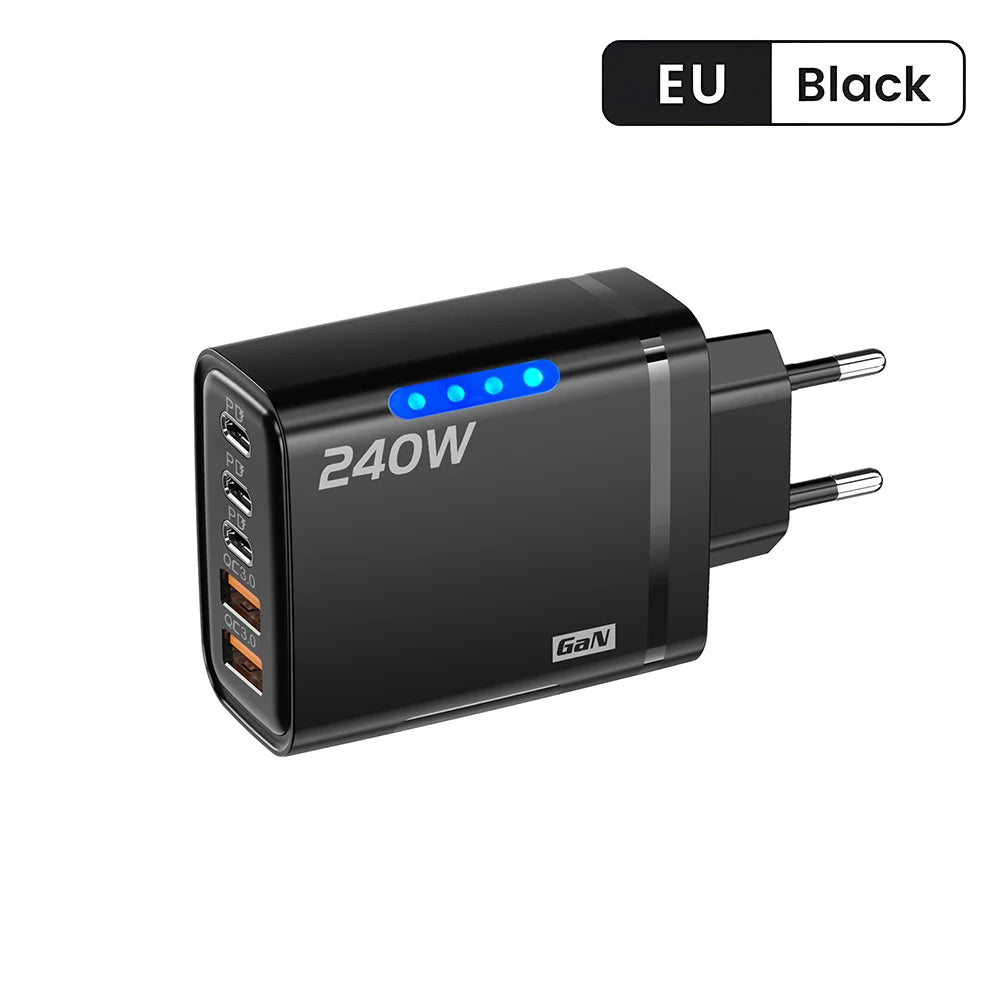 Chargeur secteur 5 en 1 USB-C GaN 240 W à charge rapide, compatible iPhone, Samsung et Xiaomi. Prise UE/US.