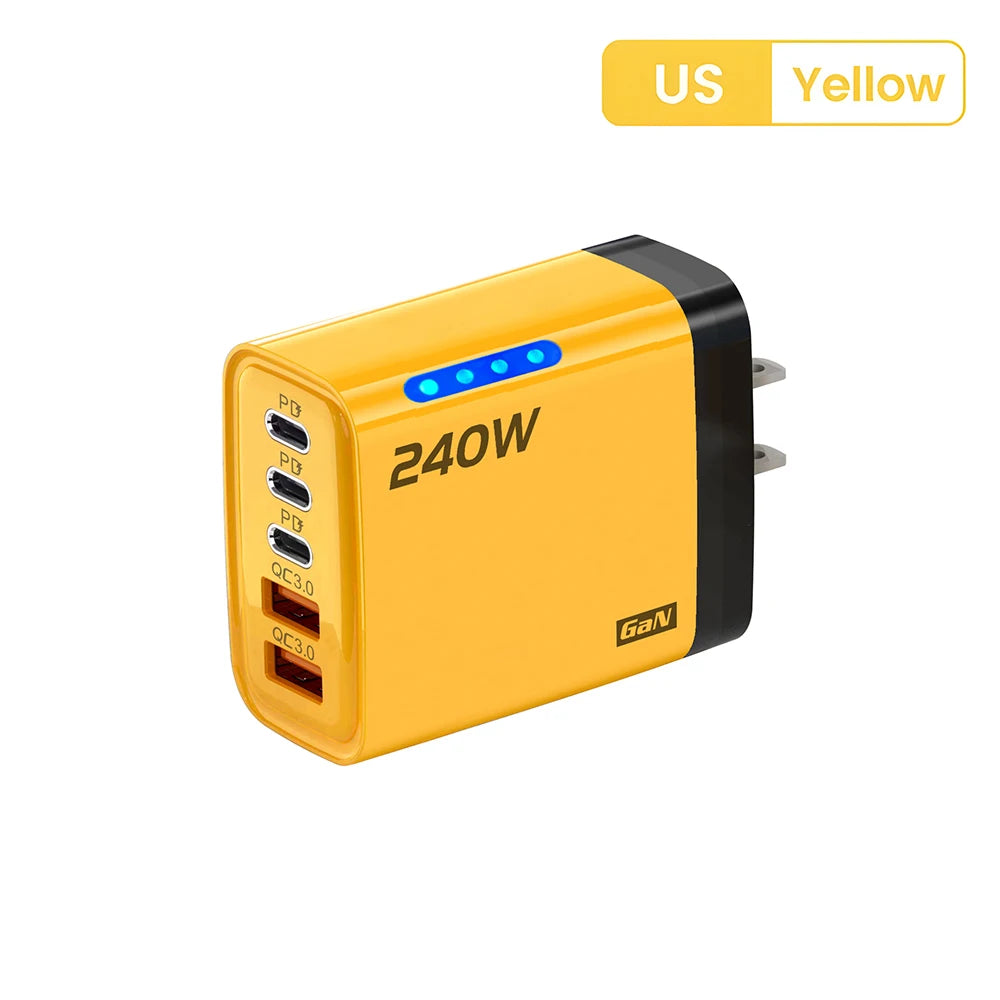 Chargeur secteur 5 en 1 USB-C GaN 240 W à charge rapide, compatible iPhone, Samsung et Xiaomi. Prise UE/US.