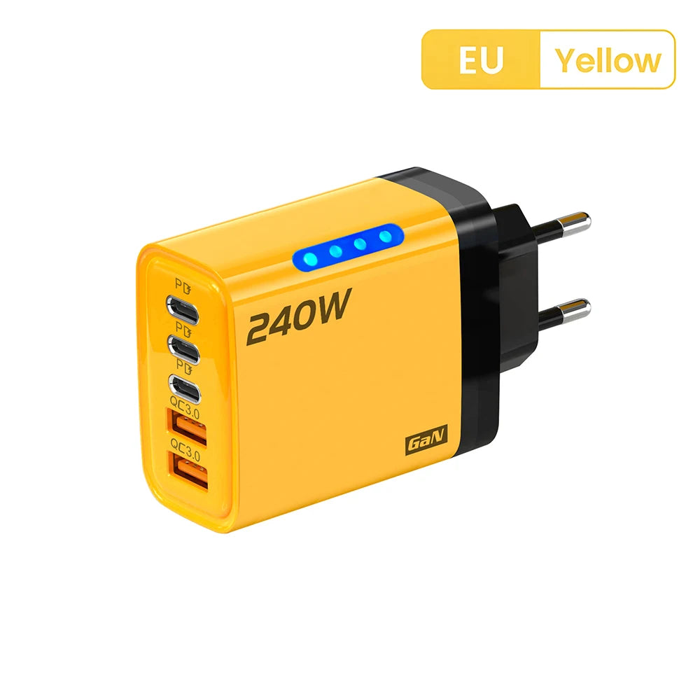 Chargeur secteur 5 en 1 USB-C GaN 240 W à charge rapide, compatible iPhone, Samsung et Xiaomi. Prise UE/US.