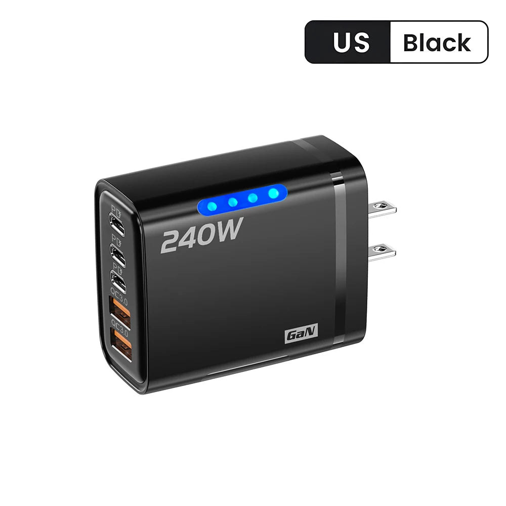 Chargeur secteur 5 en 1 USB-C GaN 240 W à charge rapide, compatible iPhone, Samsung et Xiaomi. Prise UE/US.