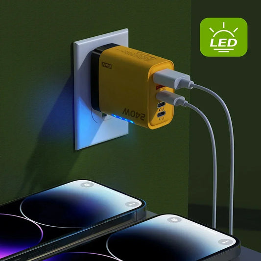 Chargeur secteur 5 en 1 USB-C GaN 240 W à charge rapide, compatible iPhone, Samsung et Xiaomi. Prise UE/US.