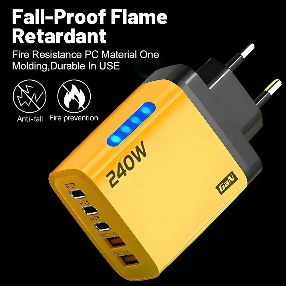 Chargeur secteur 5 en 1 USB-C GaN 240 W à charge rapide, compatible iPhone, Samsung et Xiaomi. Prise UE/US.